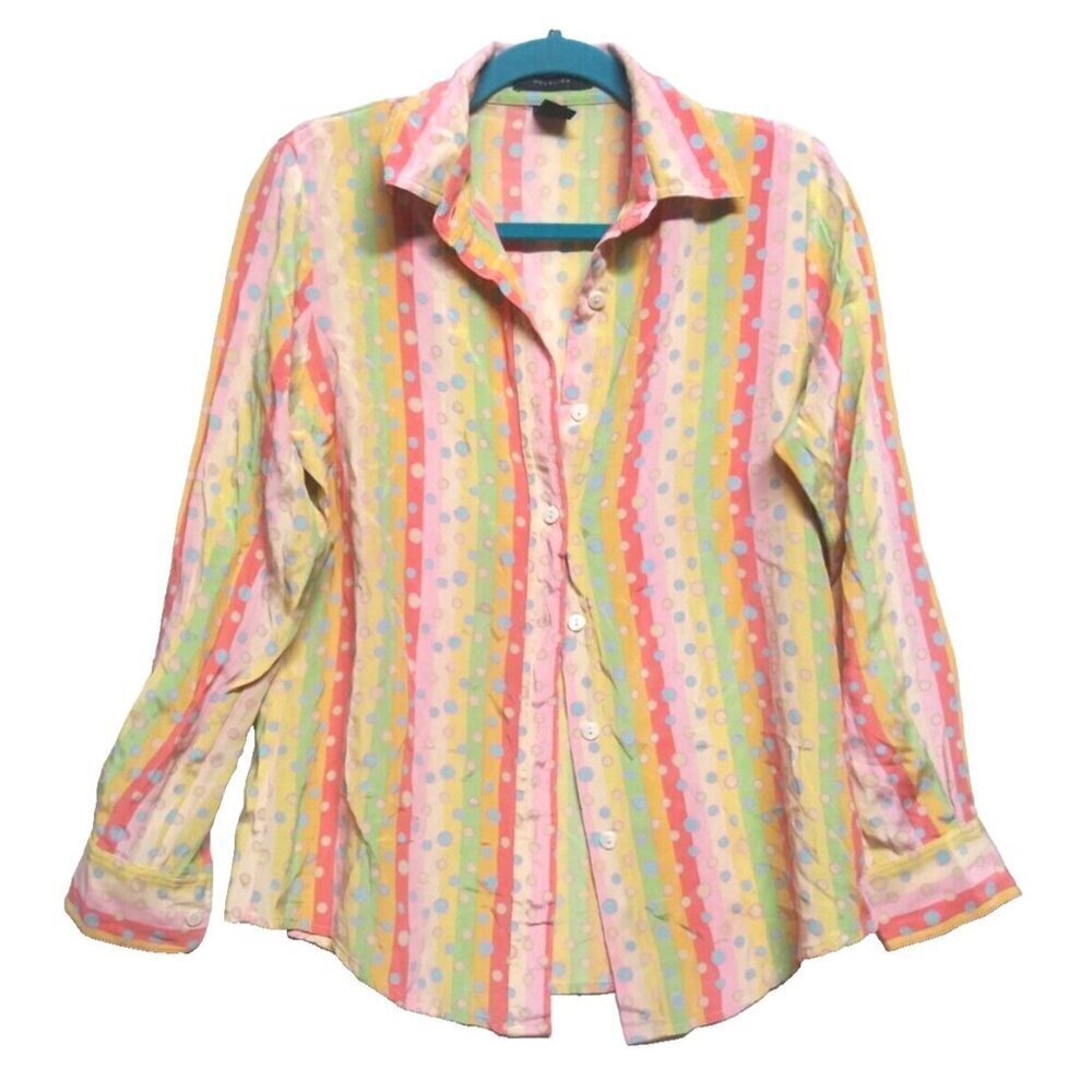 VTG Silk Blouse top Mel & Lisa Sz S Oversized multicolor stripes polka dot Flaw